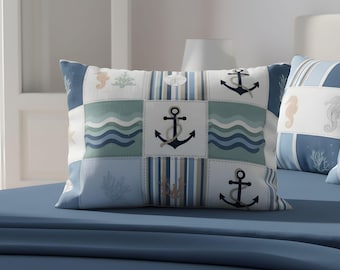 Coastal Pillow Sham, Blue Cotton Sateen Standard King | Seaside Haven – Durazza