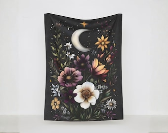 Cottagecore Floral Gothic Skull Throw Blanket, Black Velveteen 60x80 | Moonflowers - Durazza