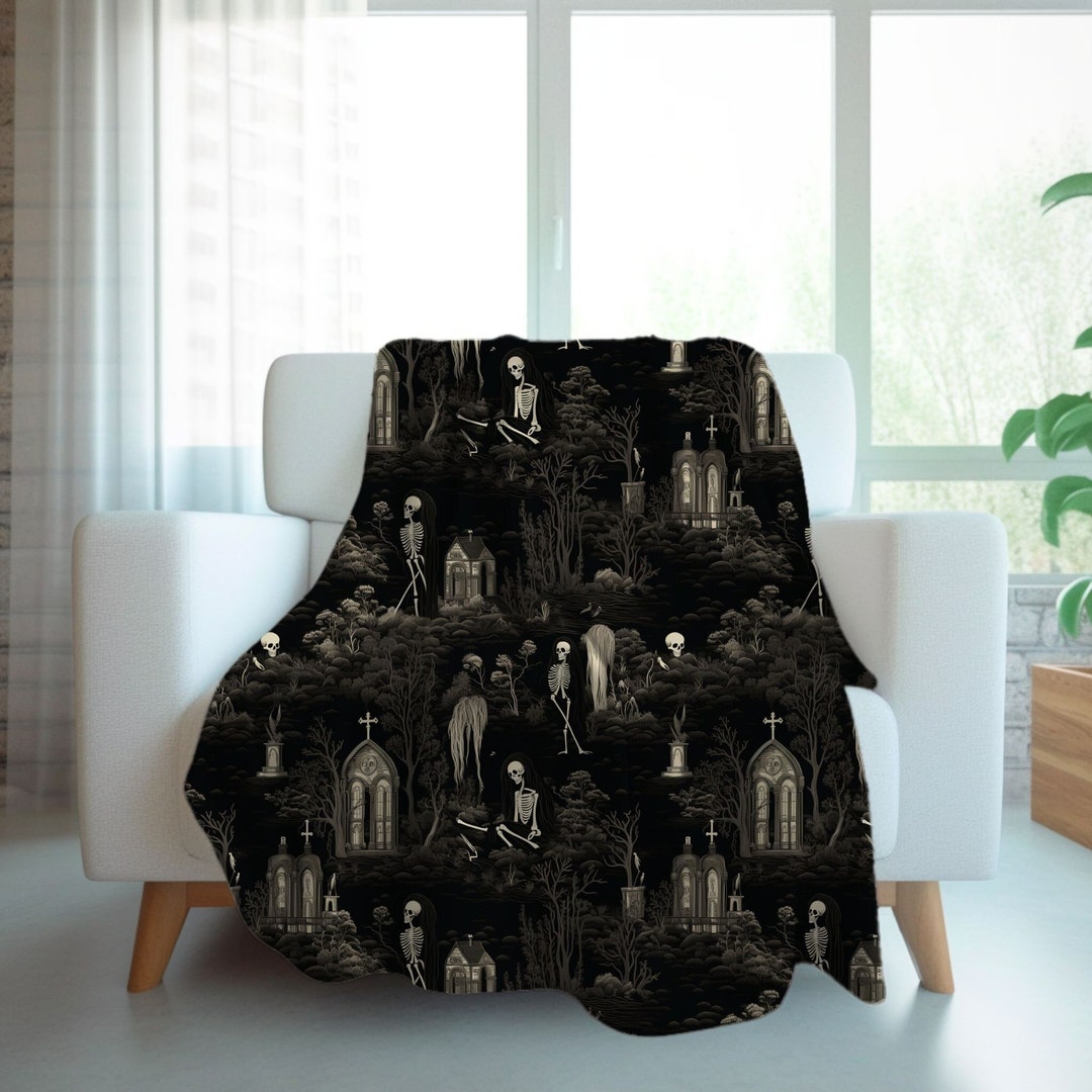 Walking Graveyard Throw Blanket in Sherpa or Velveteen Plush, Gothic Bedding Skeleton Halloween