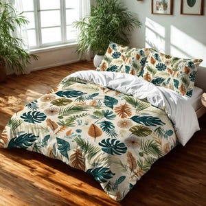 Tropical Duvet Cover Set with Pillow Shams - Earthy Botanical Leaf for Boho Bedroom Decor, Cozy Green Jungle Bedding | Palm Drift by Durazza