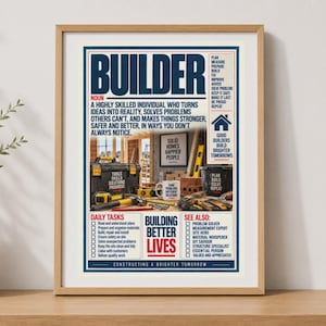May include: A framed wall art print titled Builder, featuring a dictionary-style definition of a builder, a central photograph of construction tools, and lists of daily tasks and related terms in navy blue, red, and white text on a white background.