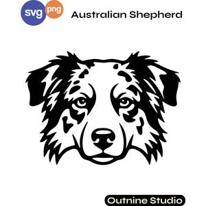 以下が含まれることがあります： オーストラリアン・シェパードの犬の頭部を描いた白黒のグラフィックイラスト。大胆な線と高いコントラストが特徴のデザインで、画像内には「svg png」、「Australian Shepherd」、「Outnine Studio」というテキストが表示されています。