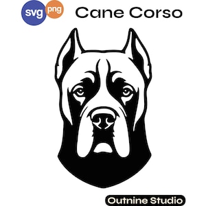 Könnte beinhalten: Eine schwarz-weiße grafische Illustration eines Cane Corso Hundekopfes. Das Design zeichnet sich durch kräftige Linien und hohen Kontrast aus. Der Text oben lautet Cane Corso, mit SVG- und PNG-Symbolen oben links und Outnine Studio unten.