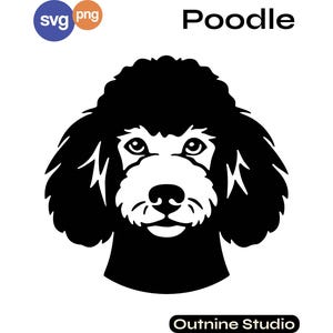 May include: A black and white digital graphic of a poodle head silhouette. The design features the word Poodle at the top right, the text Outnine Studio at the bottom, and circular icons labeled svg and png in the upper left corner.