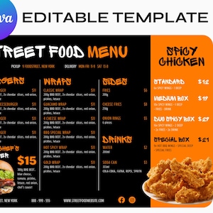 Plantilla de menú de Canva para restaurante, diseño de volante para redes sociales, food truck para catering de pequeñas empresas, marketing imprimible, descarga instantánea