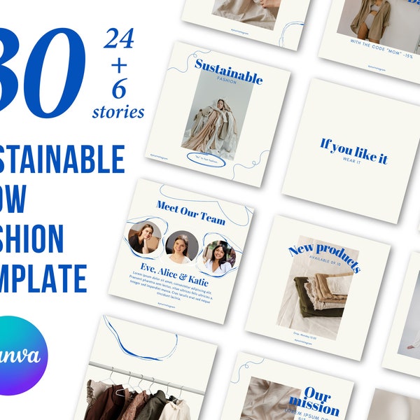 30 Slow Fashion Instagram-sjablonen | Esthetische duurzame Instagram-feed | Canva kleine ecologische kledingmerksjablonen | Geüpcycled