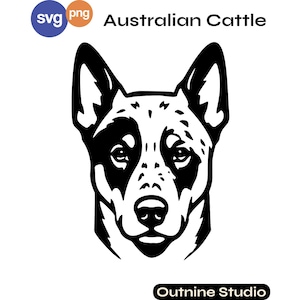 Puede incluir: Una ilustración gráfica en blanco y negro de la cabeza de un perro boyero australiano de frente. El diseño incluye el texto Australian Cattle, SVG, PNG y Outnine Studio. El perro presenta orejas puntiagudas y marcas faciales.