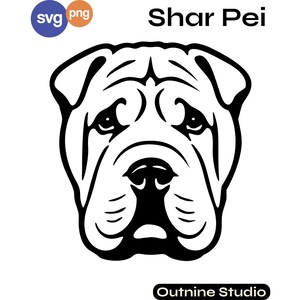 May include: A black and white graphic illustration of a Shar Pei dog face with prominent skin folds. The image includes the text Shar Pei, Outnine Studio, and circular icons labelled svg and png. The design features bold lines and high contrast.