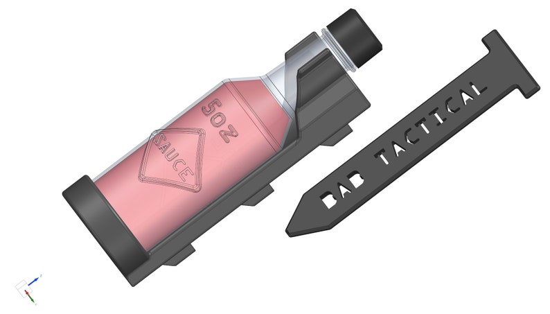 image of a CAD file of a 3d printed tactical hot sauce holster/ holder / mount