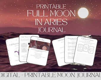 Op de afbeelding: Printbare volle maan in Ram-journal met een rood, oranje en paars kleurenschema. Het journal bevat secties voor zelfreflectie, reinigingsvuur en een kaartspread.