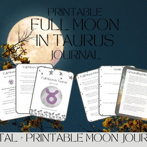 Puede incluir: Diario imprimible de luna llena en Tauro con un símbolo de Tauro morado en la portada. El diario incluye páginas para objetivos, meditación de conexión a tierra y planificación de la luna llena.