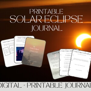 Pode incluir: Diário de eclipse solar imprimível com opção de download digital. O diário apresenta um fundo de pôr do sol com um eclipse lunar em forma de crescente e o texto "Solar Eclipse Journal".