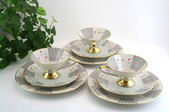 Porcelain Tea Set Bavaria Elfenbein – Art Deco Cup Saucer Plate Trio (1940s)