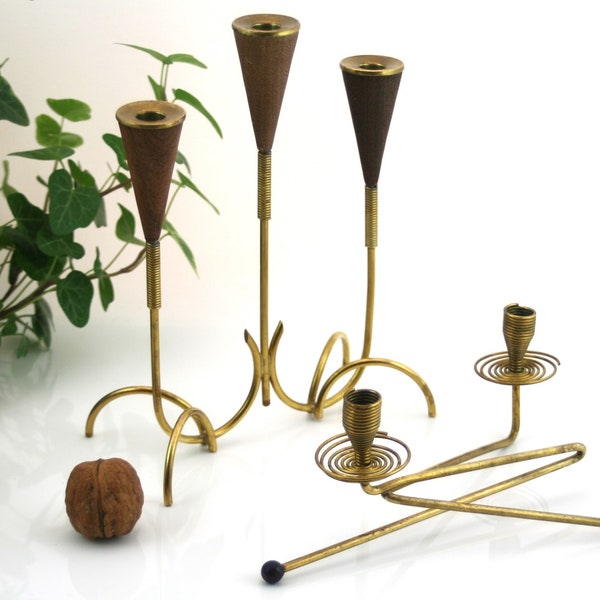 Vintage Charm, Brass and Walnut Candelabras from 1960s Norway, Embodying Scandinavian Modern Design, Small Candle Fit, Natural Patina,