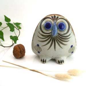 Ken Edwards Tonalá Owl Figurine – Vintage Mexican El Palomar Pottery, 60s-70s Handpainted Folk Art in Blue & Earth Tones