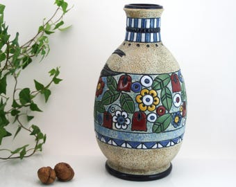 アールデコ アンフォラ花瓶：アヒルをあしらったエナメル加工のチェコ陶器、1920年代頃
