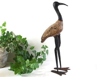 ヴィンテージのトキの鳥の置物 – 素朴な木と金属の彫刻、1900年代半ば