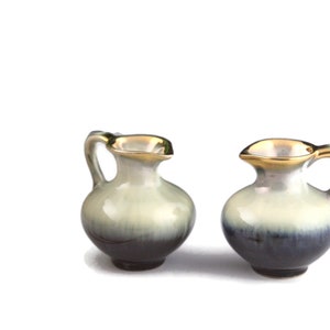 Set of bud vases, Two small bud vases,light gray to dark blue drip-glazed jugs with gold edging, Small Pottery Bud Vases,Drip Glazed Pottery