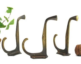 アールデコ調真鍮製コートフック – ヴィンテージ壁掛けフック3点セット、20世紀初頭