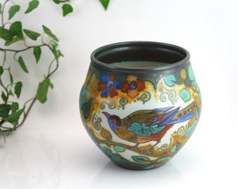 ゴーダ・ホランドの花瓶：手描きの鳥のモチーフ、アールデコ、1923年