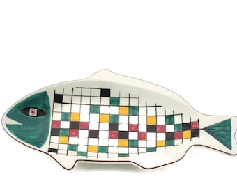 Retro Fish-shaped Dish, Knabstrup Ceramics  Designed by Johannes Hansen, 1960 Modern Scandinavian Fish Dish, Fish With Crossword Pattern