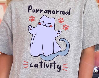 Purranormal Cativity Shirt, Funny Ghost Cat Halloween T-Shirt, Cute Cat Mom Gift, Spooky Kitty Tee for Women