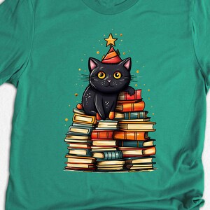 Black Cat Book Tree Shirt, Funny Christmas Cat Lover Tee, Bookworm Holiday Gift, Cute Cat Book Stack Shirt for Reader