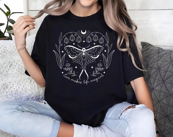 Boho Moth Graphic Tee, Mystical Flower Shirt