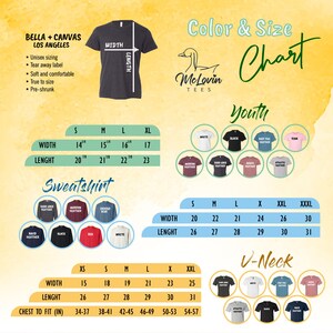 May include: Size chart for Bella + Canvas t-shirts, sweatshirts, and v-neck shirts. The chart shows the width and length measurements in inches for youth, adult, and v-neck sizes. The chart also includes chest to fit measurements in inches.