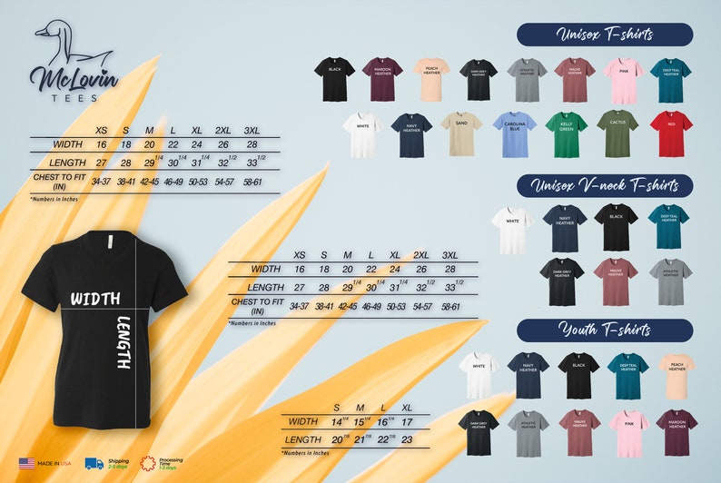 May include: Size chart for unisex t-shirts, v-neck t-shirts, and youth t-shirts. The chart shows the width, length, and chest to fit measurements in inches for each size, from XS to 3XL. The chart also includes a visual representation of the different t-shirt styles.