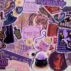 May include: A selection of stickers with a witchy theme, in shades of purple, pink, and gold. The stickers depict potions, mushrooms, a witch's hat, a cauldron, and phrases such as "Magic in your blood" and "Brightest Witch of her age."