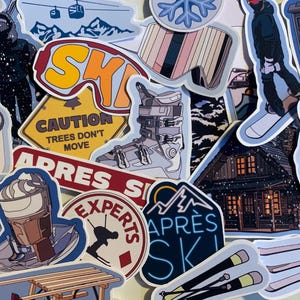 Ski, skiing, snowboarding, chalet illustrated stickers and sticker pack (journaling, scrapbook, kids crafts)