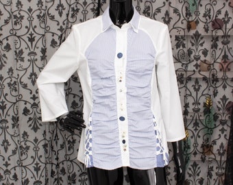 Piro/ ELISA CAVALETTI White Blue Striped Shirt Gathered Pleated Blouse Italian Romantic Vintage L