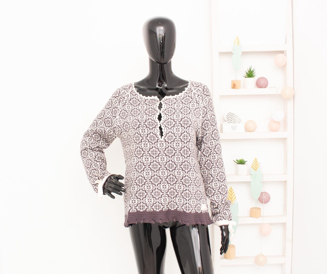 ODD MOLLY Pullover Grau Weiß Muster Baumwolle Häkelpullover