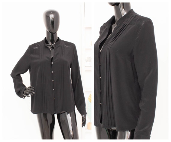 SANDRO Silk Shirt Black Pleated Blouse Mesh Sheer… - image 1