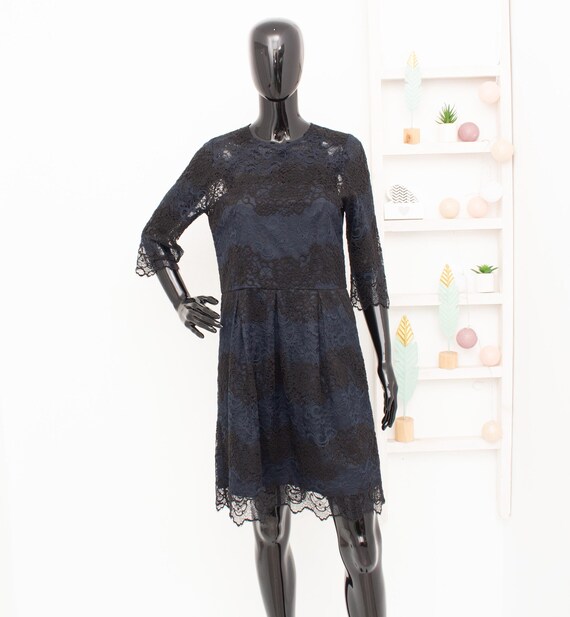 Lace Dress Ganni Black Blue Floral Scalloped Semi Sheer Wedding Party Dress  Evening Cocktail L