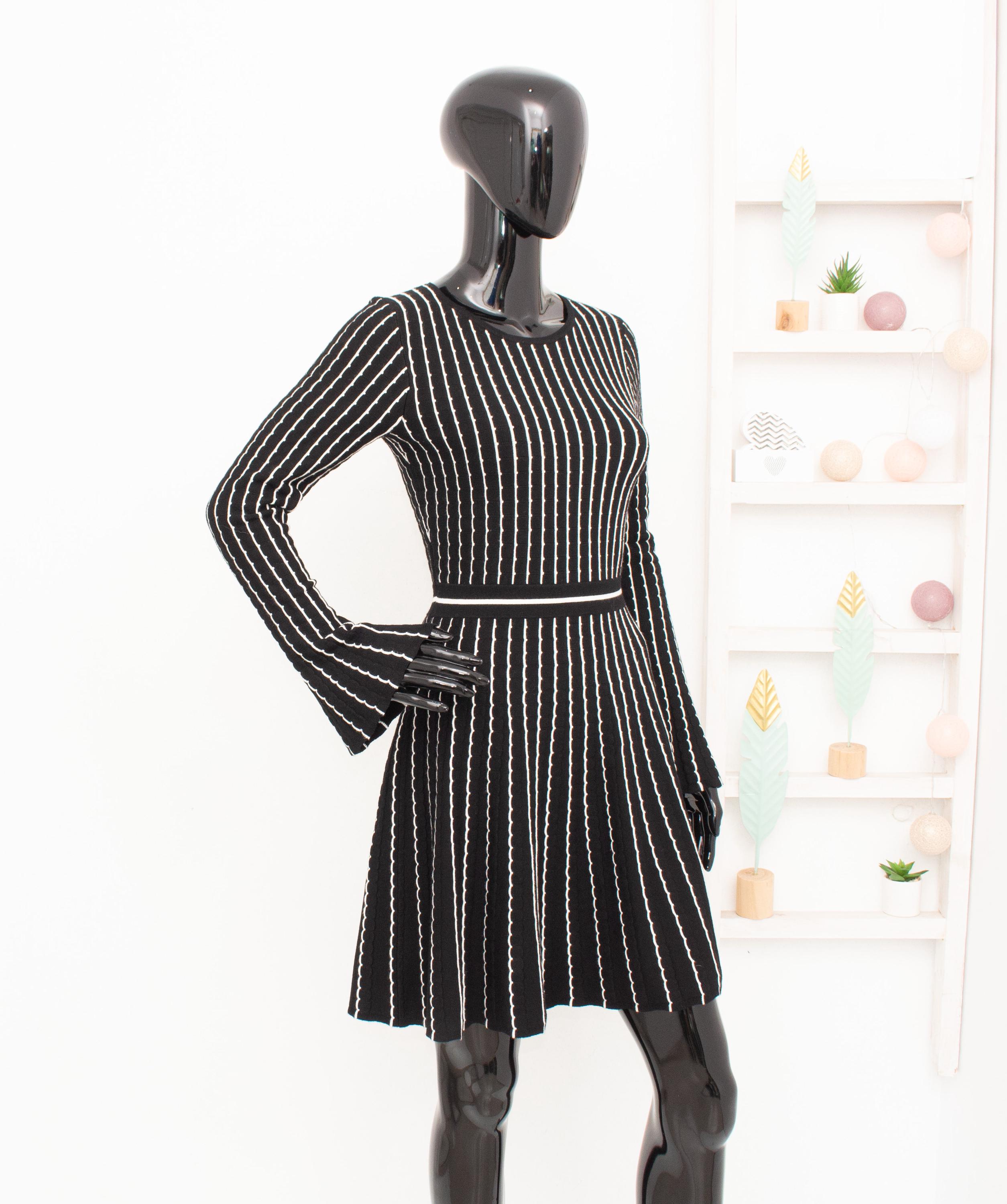 karen millen black and white dress Monochrome Peplum Knitted Dress Fit & Flare S hugging bandage knit construction for a sculpted silhouette Sophisticated midi length hitting mid Karen Millen Dresses Black White