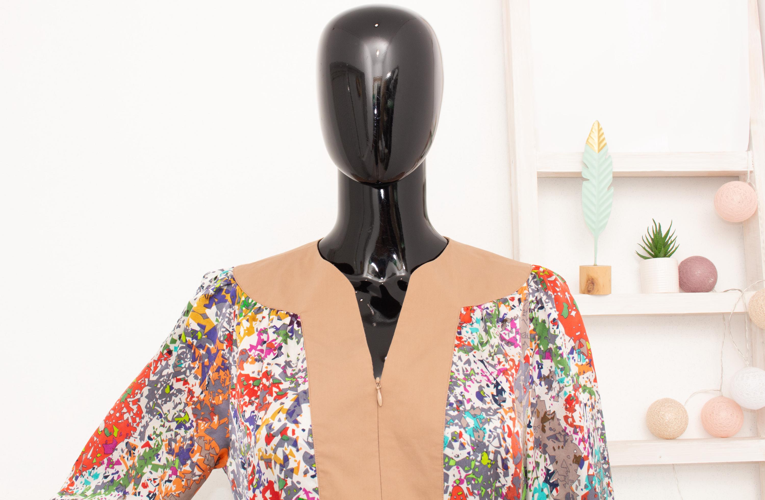 stefanel silk dress Stefanel Silk Dress Multicolored Abstract Print Satin Crepe Belted Half  Sleeves Spring 36 US6