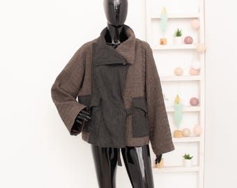 Ivan Grundahl Wool Jacket Brown/Grey Boxy Wrap Short Coat Lagenlook Avantgarde 38 UK12 US8