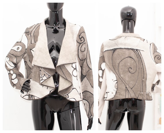 Carla Du Nord Linen Jacket Waterfall Beige Grey Abstract Zipper