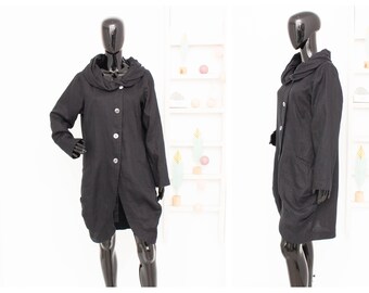 Linen Coat by Bitte Kai Rand Copenhagen Black Lagenlook Asymmetric Pleated Twisted Collar Black Elegant 42 UK16 US12
