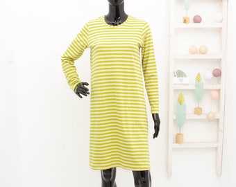 Gudrun Sjoden Dress Striped Green Beige Organic Cotton Pockets Swedish Woven Dress S