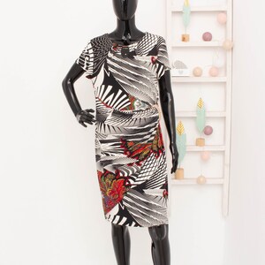 FRANK LYMAN Kleid Geometrisch Blumen Midi Stretch Kleid Golden Verzierte Details Kanadisches Vintage Abend Party Kleid 40 UK14 US12