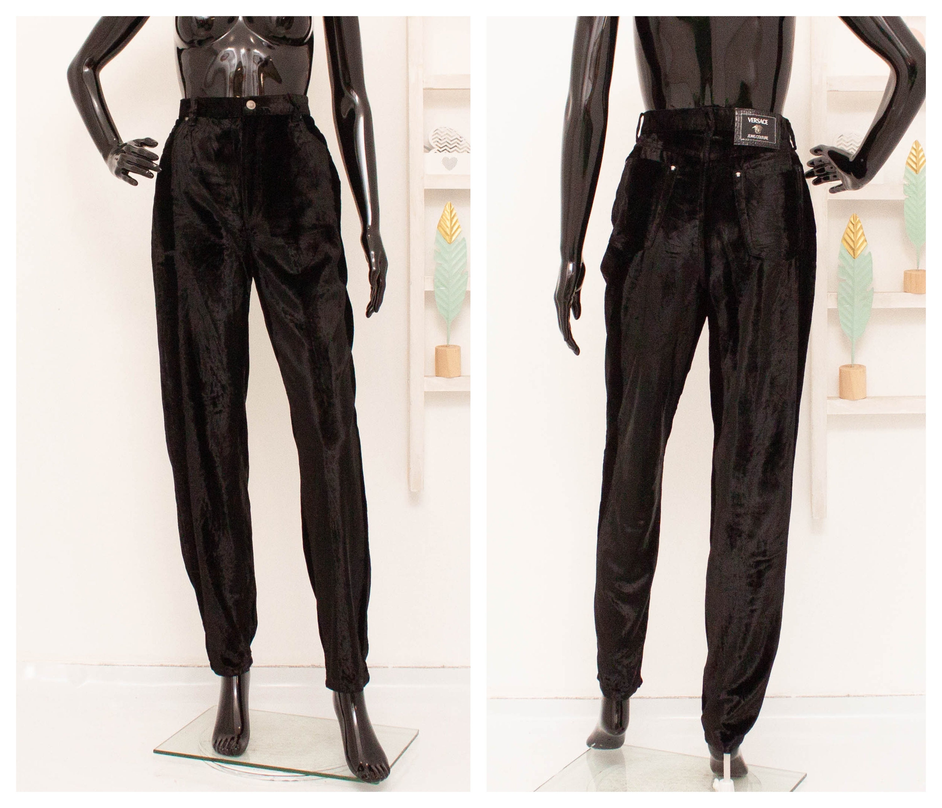 Vintage VERSACE Jeans Couture Trousers Velvet Black High Waist  