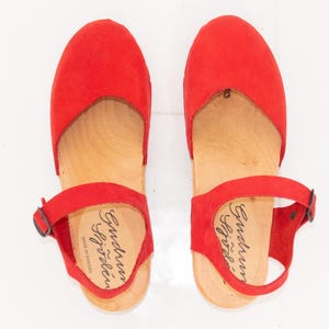 Gudrun Sjoden Shoes Suede Women’s Red Clogs Leather Wooden Sole Walking Comfortable EU40 US9 UK7