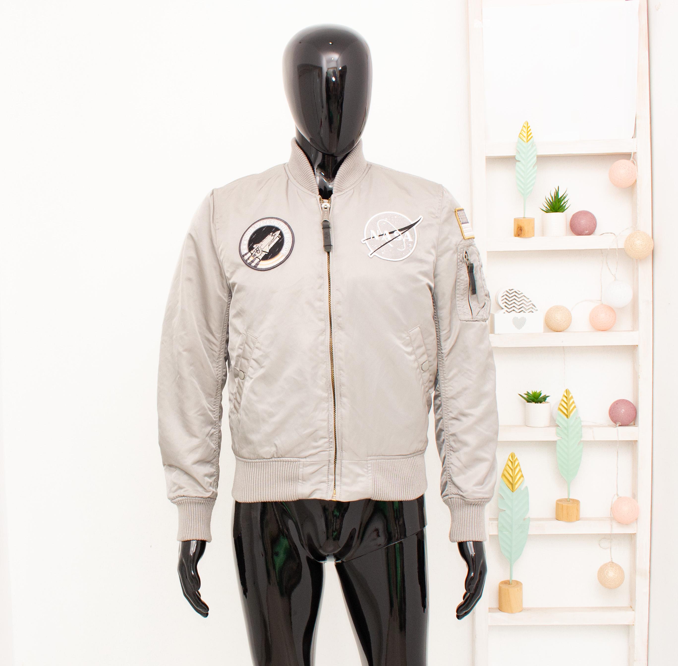 Alpha Industries MA 1 Nasa Flight Bomber Jacket Grey Silver Classic Insulated Full Zip Army Mens S