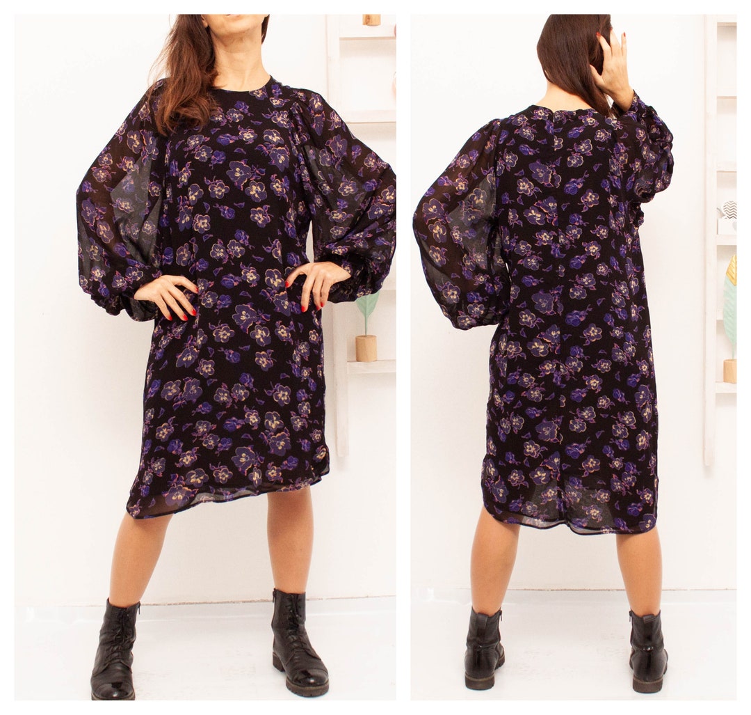 Ganni Crepe Dress Balloon Sleeves Floral Shift Dress 38 UK12 US8 Etsy