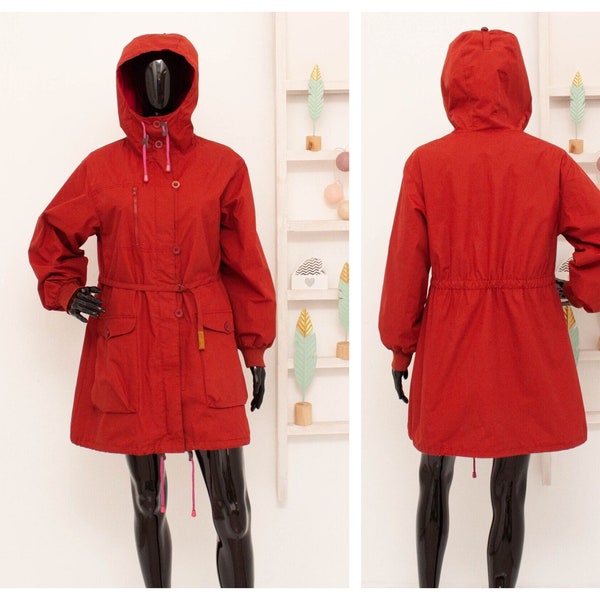 Gudrun Sjoden Parka Red Hooded Jacket Rain Coat Cotton Relaxed Fit Vintage S