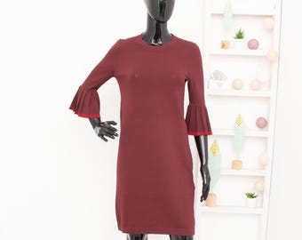 Cos Sheath Dress Dark Red Relax Fit Knitted Dress Pleated Bell Sleeves Office Casual