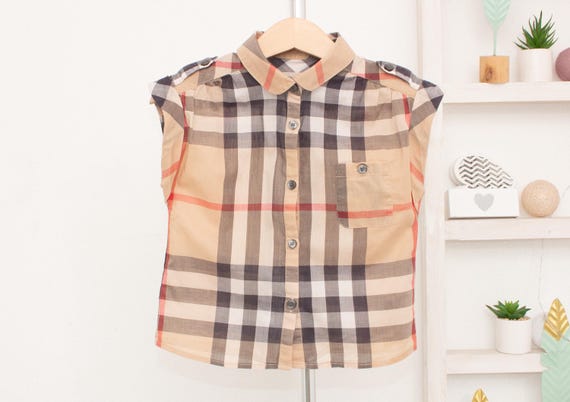 Burberry Girls Shirt Nova Check Beige Tartan Plaid Pleated Vintage Kids Top 18 Months 86 Cm Etsy